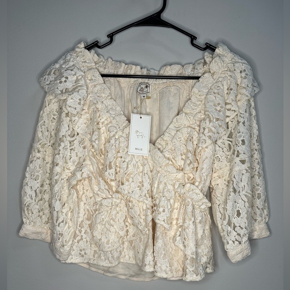 NEW Mille Isabella Cropped Ruffled Lace Top in Cream – Women’s Size M Easter - Picture 2 of 9
